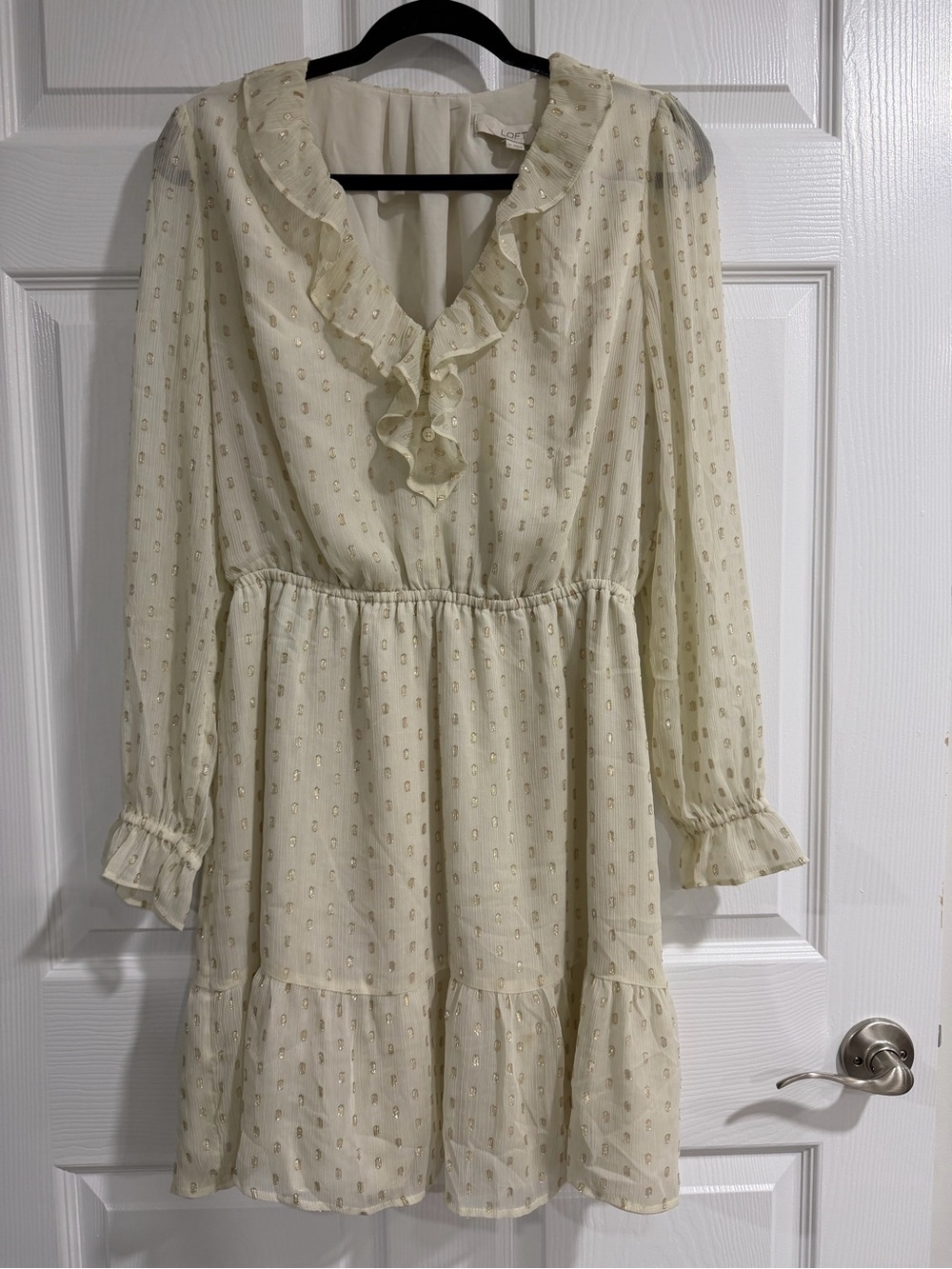 LOFT Ruffled V-Neck Long Sleeve Cream Dress